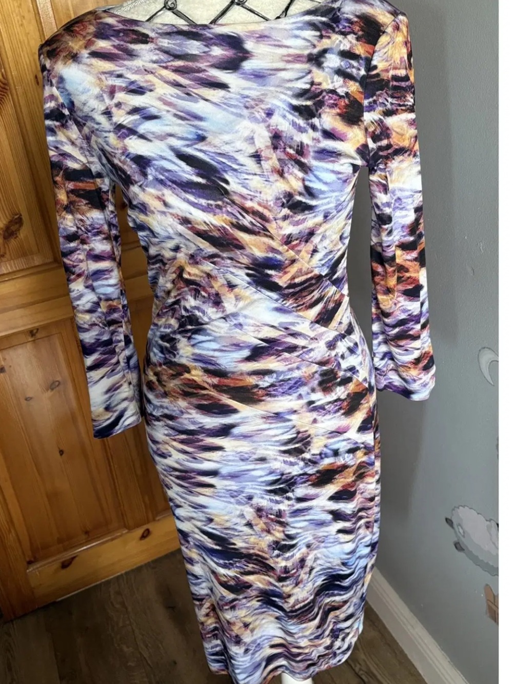 Escada Vintage Multicolor Abstract-Print Long Sleeve Sheath Dress